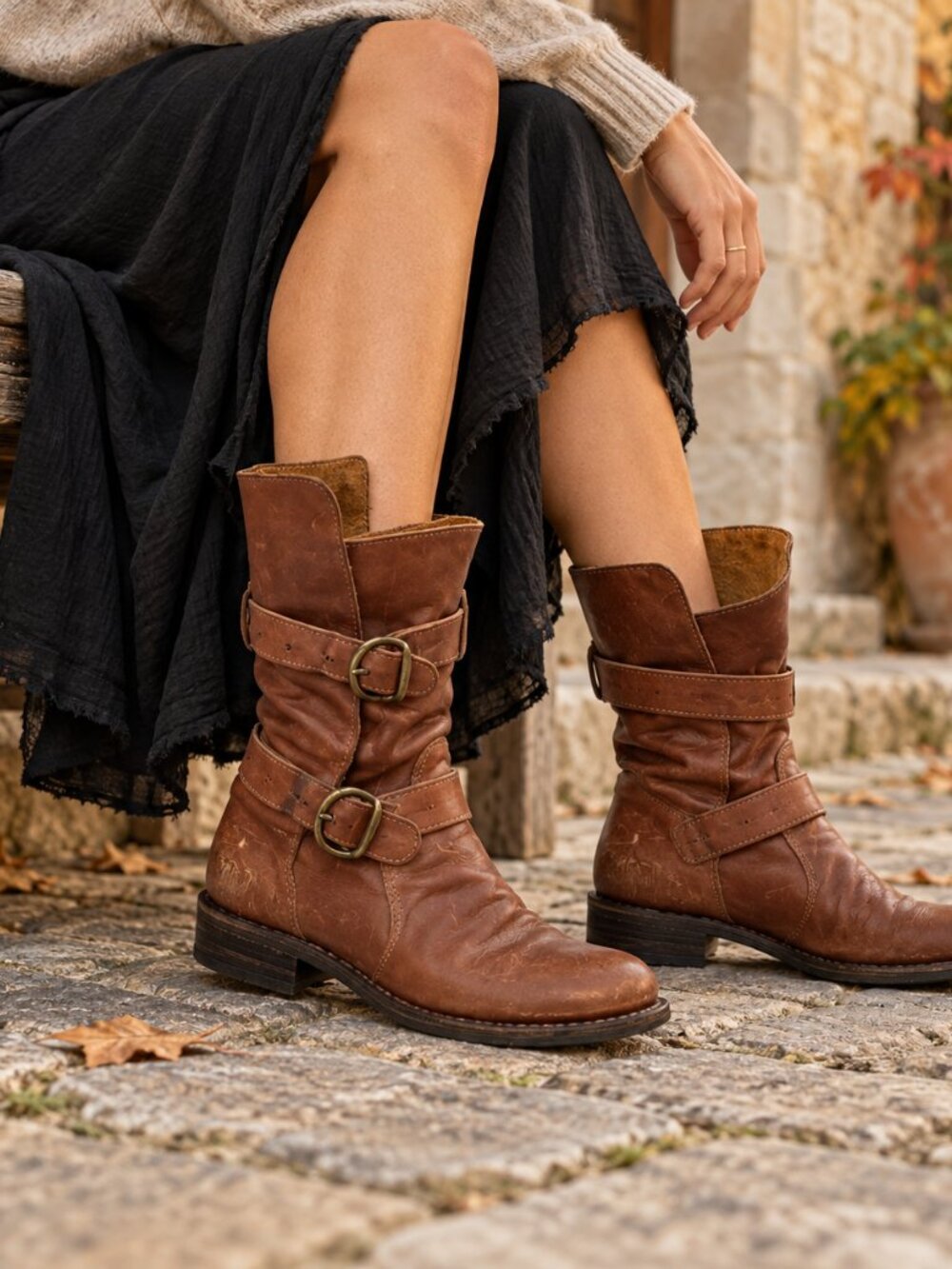 Fiorentini + Baker Cognac Brown Leather Double Buckle Moto Boots EU 37/US 7